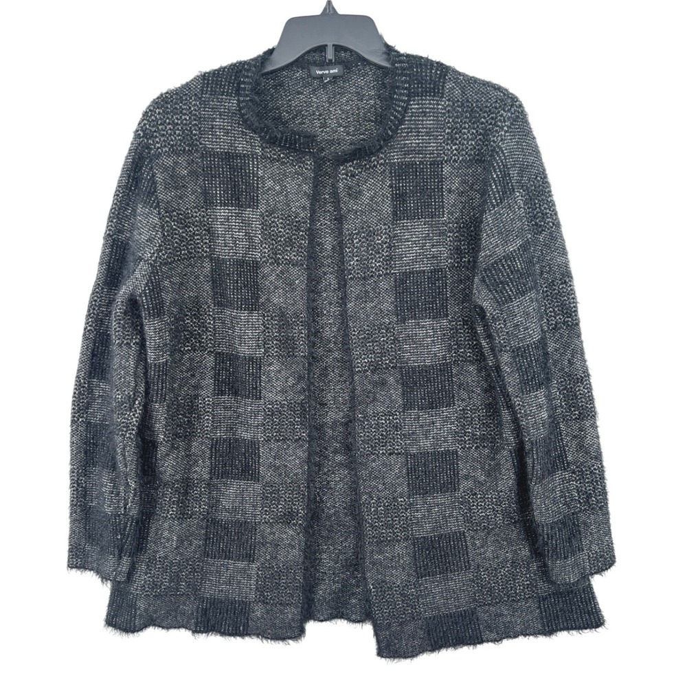 Verve Ami Checkered Cardigan Size L Grey Black Fuzzy Eyelash Knit Dark Academia